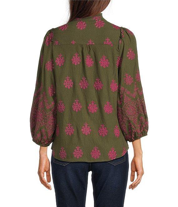 Calessa Embroidered Medallion Print Split V-Neck Long Sleeve Button Front Tunic Product Image