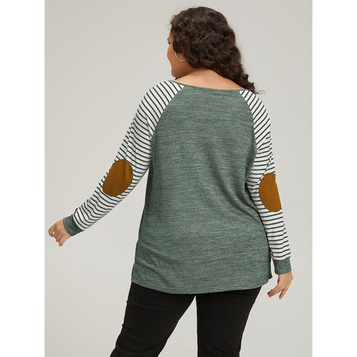Plus Size Striped Raglan Sleeve Patched Split Side T-shirt Green Women Casual Contrast Striped Round Neck Dailywear T-shirts BloomChic 14-16/1X Product Image