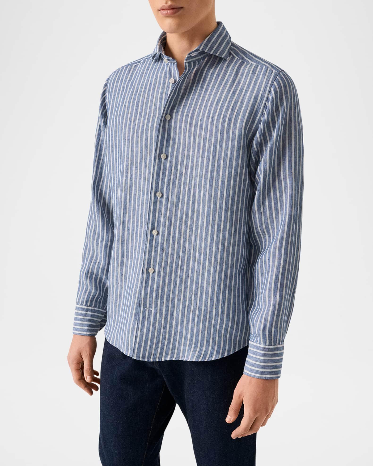 Men's Signature Linen Stripe Contemporary Fit Casual Button-Down Shirt Product Image