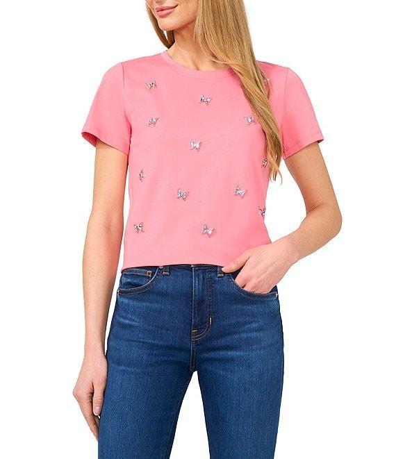 CeCe Knit Crew Neck Short Sleeve Gem Detailed Tee Product Image
