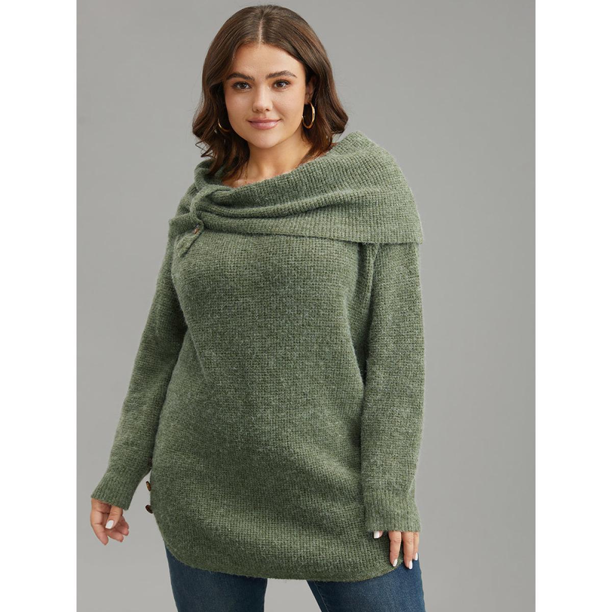 Plus Size Anti-Pilling Lapel Collar Adjustable Button Pullover Moss Women Casual Loose Long Sleeve Lapel Collar Dailywear Pullovers BloomChic 14-16/1X Product Image