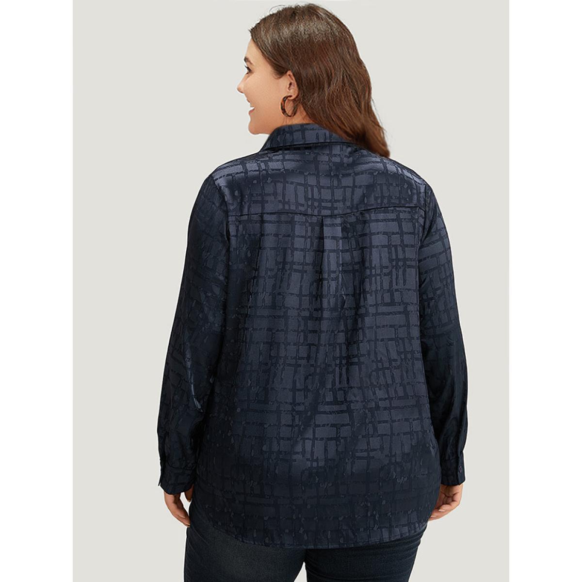 Plus Size Indigo Plisse Satin Button Up Curved Hem Blouse Women Office Long Sleeve Shirt collar Work Blouses BloomChic 18-20/2X Product Image