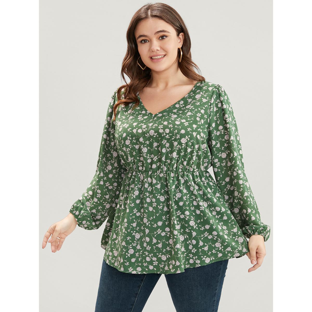 Plus Size Green Ditsy Floral V Neck Lantern Sleeve Blouse Women Elegant Long Sleeve V-neck Dailywear Blouses BloomChic 18-20/2X Product Image