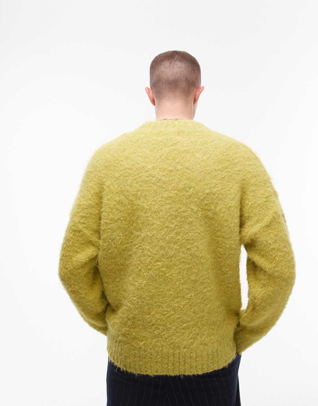 Topman fluffy V-neck sweater in green Product Image