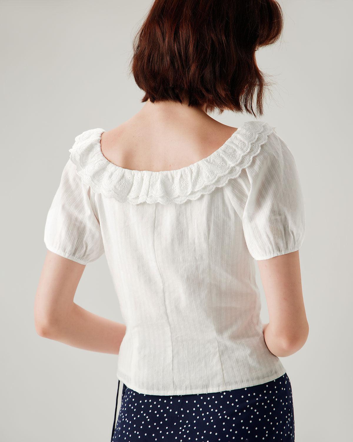 White Textured Scoop Neck Ruffle Blouse Product Image