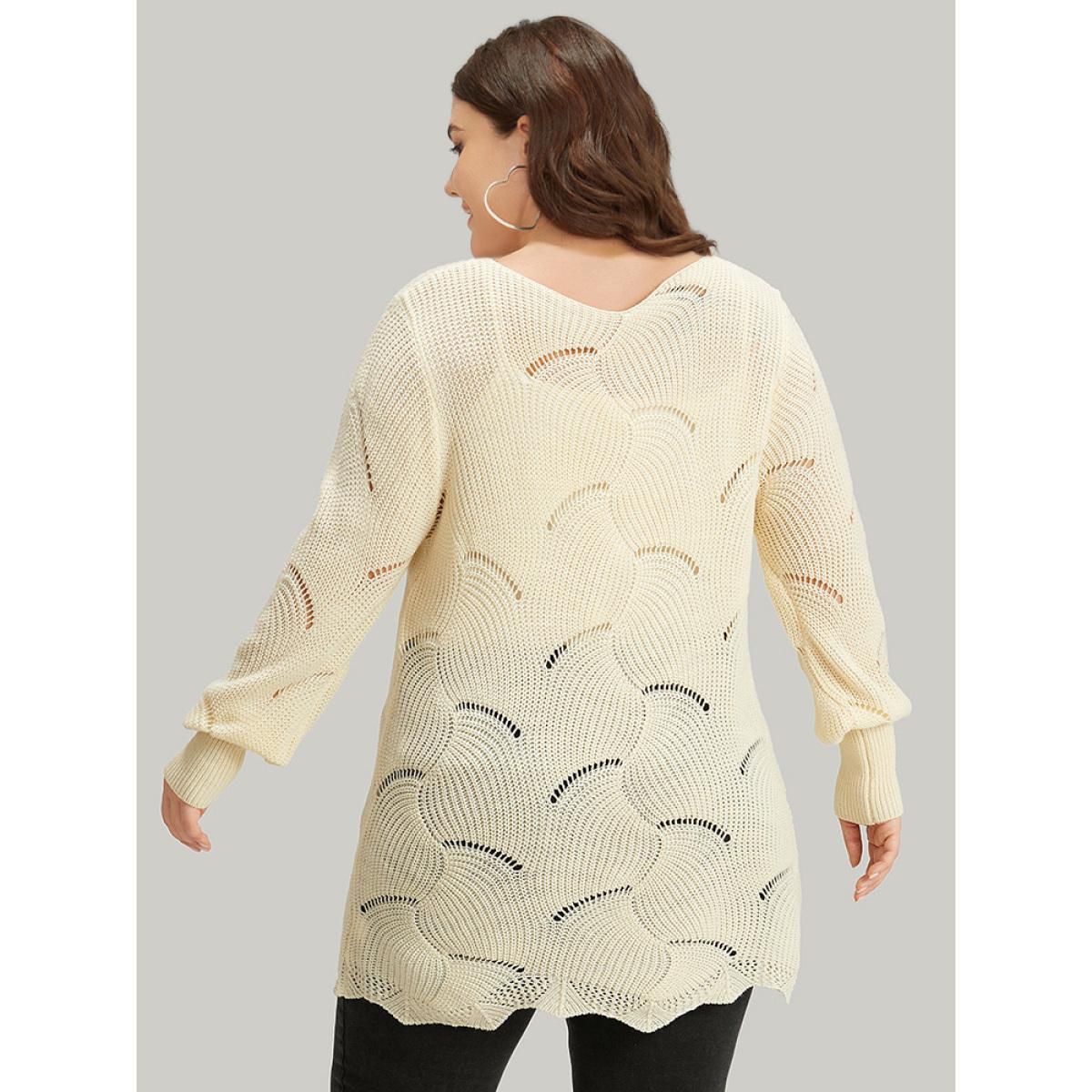Plus Size Hollow Out Asymmetrical Hem Pullover Apricot Women Casual Loose Long Sleeve V-neck Dailywear Pullovers BloomChic 10/M Product Image