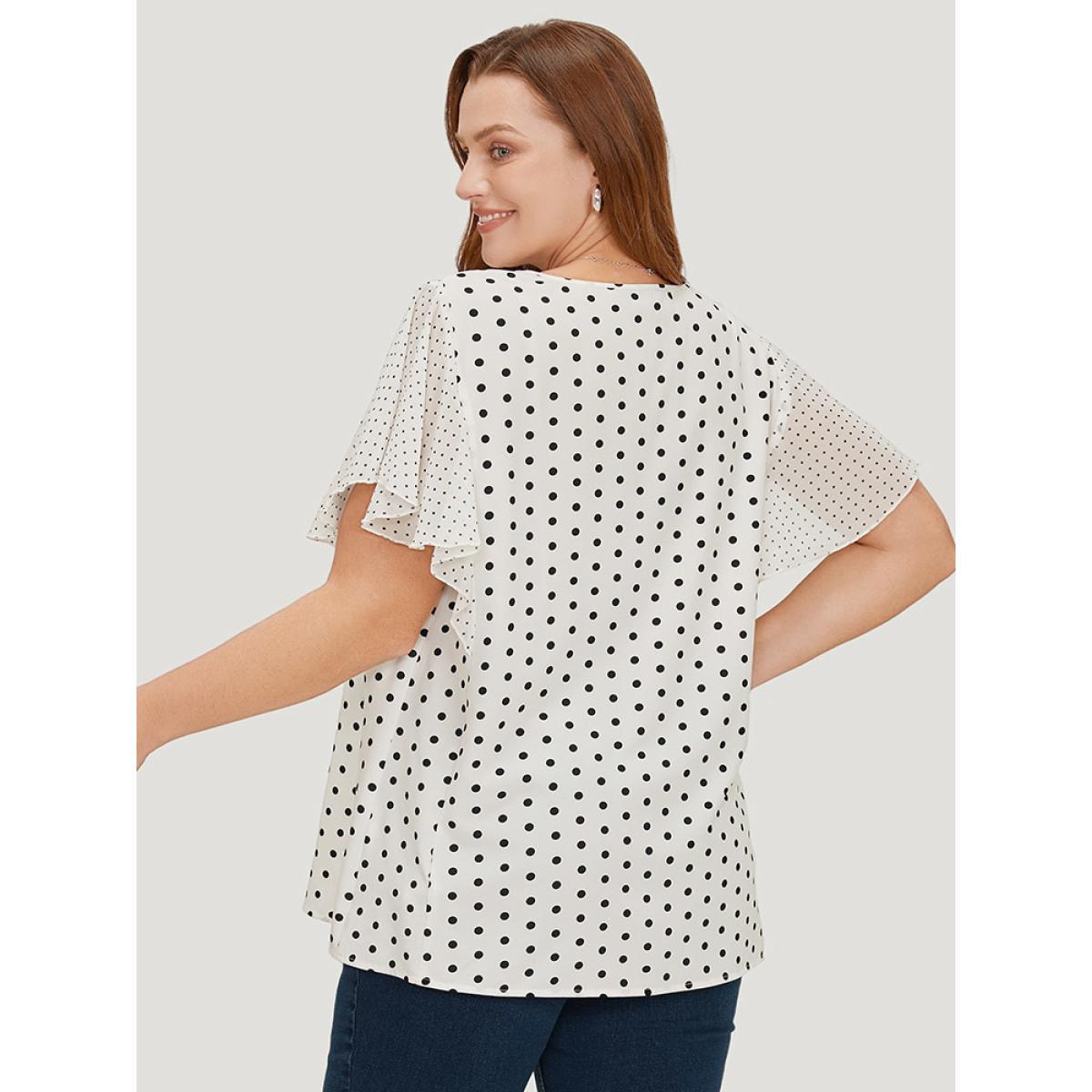 Plus Size White Polka Dot Patchwork Mesh Flutter Sleeve Blouse Women Office Short sleeve V-neck Work Blouses BloomChic 26/4X Product Image