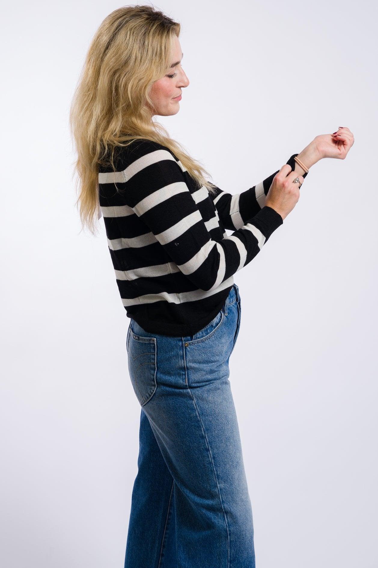 Miou Muse Striped Round Neck Basic Body Sweater Top - Black/White Product Image