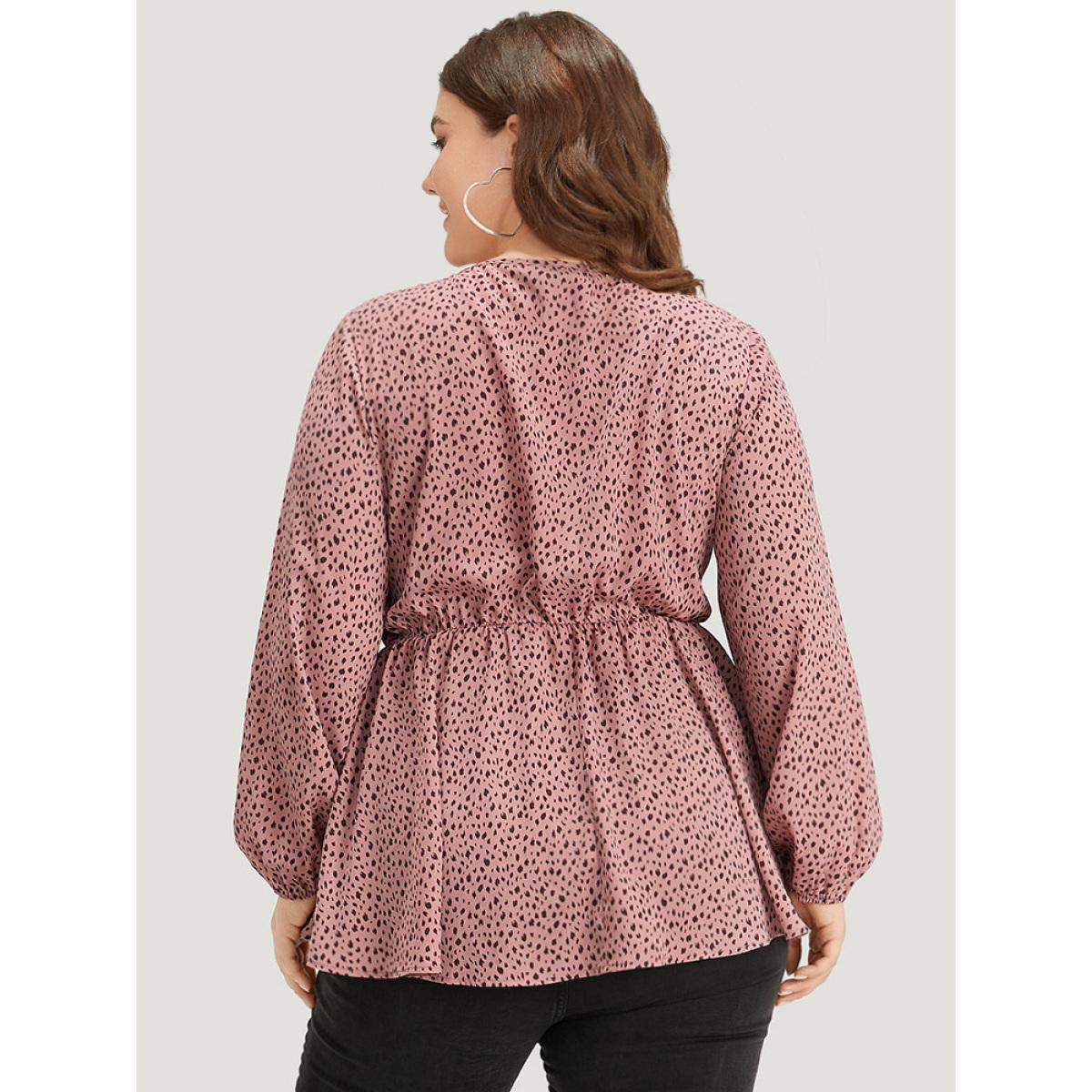 Plus Size Rouge Dot Print Twist Front Gathered V Neck Blouse Women Elegant Long Sleeve V-neck Everyday Blouses BloomChic 10/M Product Image