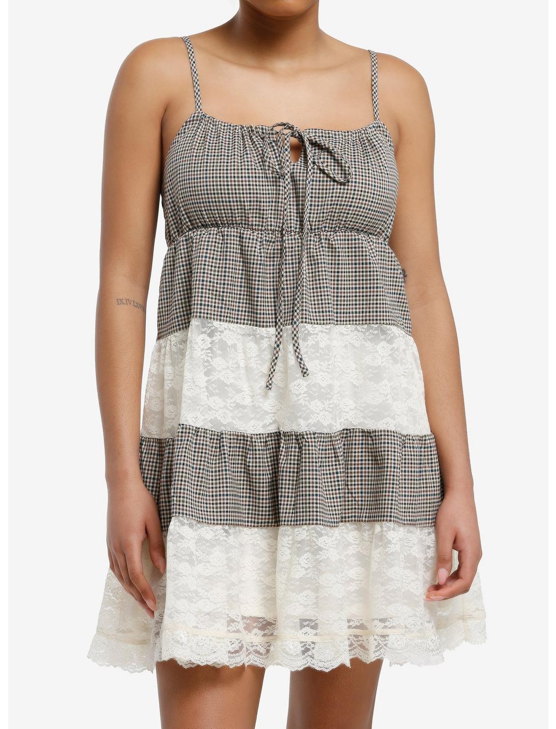 Thorn & Fable Brown Plaid & Lace Tiered Babydoll Dress Product Image