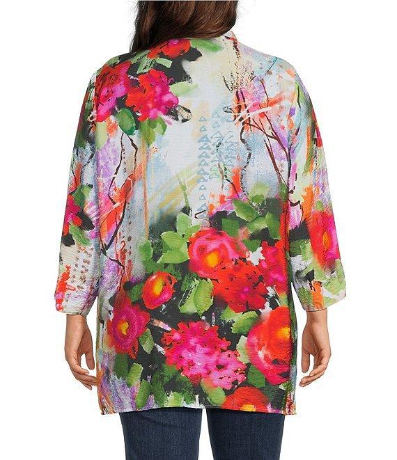 Ali Miles Plus Size Woven Floral Wire Neck 3/4 Cuff Sleeve Button-Front Tunic Product Image