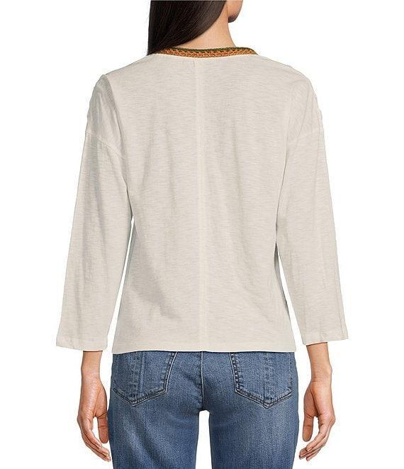Democracy Knit Crochet Scoop Neck 3/4 Sleeve Front Knot Hem Top Product Image