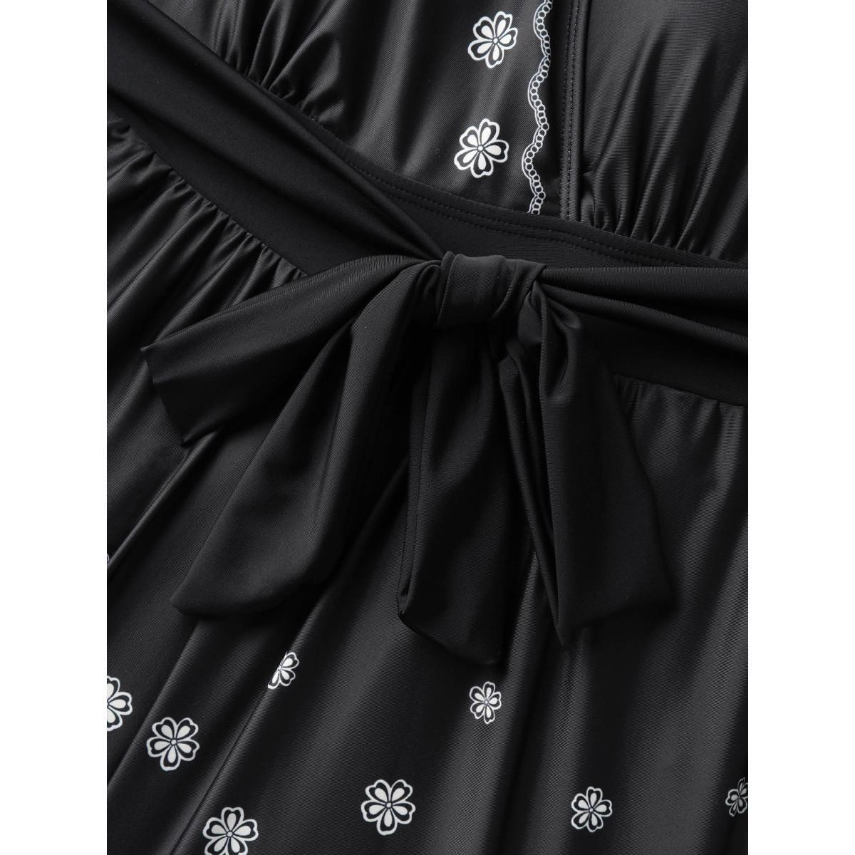 Plus Size Boho Print Pockets Belted One-Piece Swimsuit Women's Swimwear Black Beach Tie knot Curve Bathing Suits High stretch One Pieces BloomChic 14-16/1X Product Image