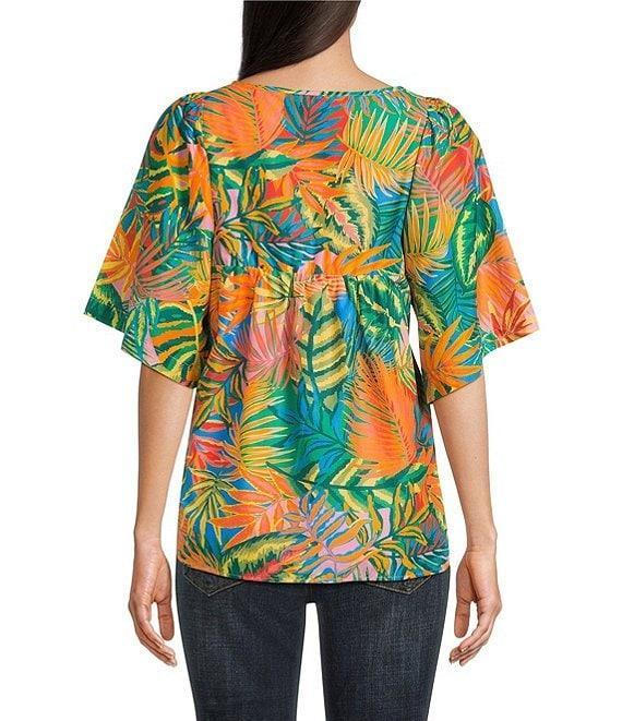 Tru Luxe Jeans Tropical Print Cotton Split Neck Elbow Sleeve Top Product Image