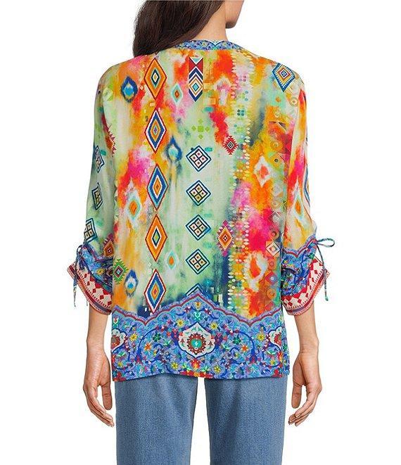 John Mark Petite Size Embroidered Printed Split V-Neck 3/4 Cinched Sleeve Tassel Tie Front Tunic Product Image