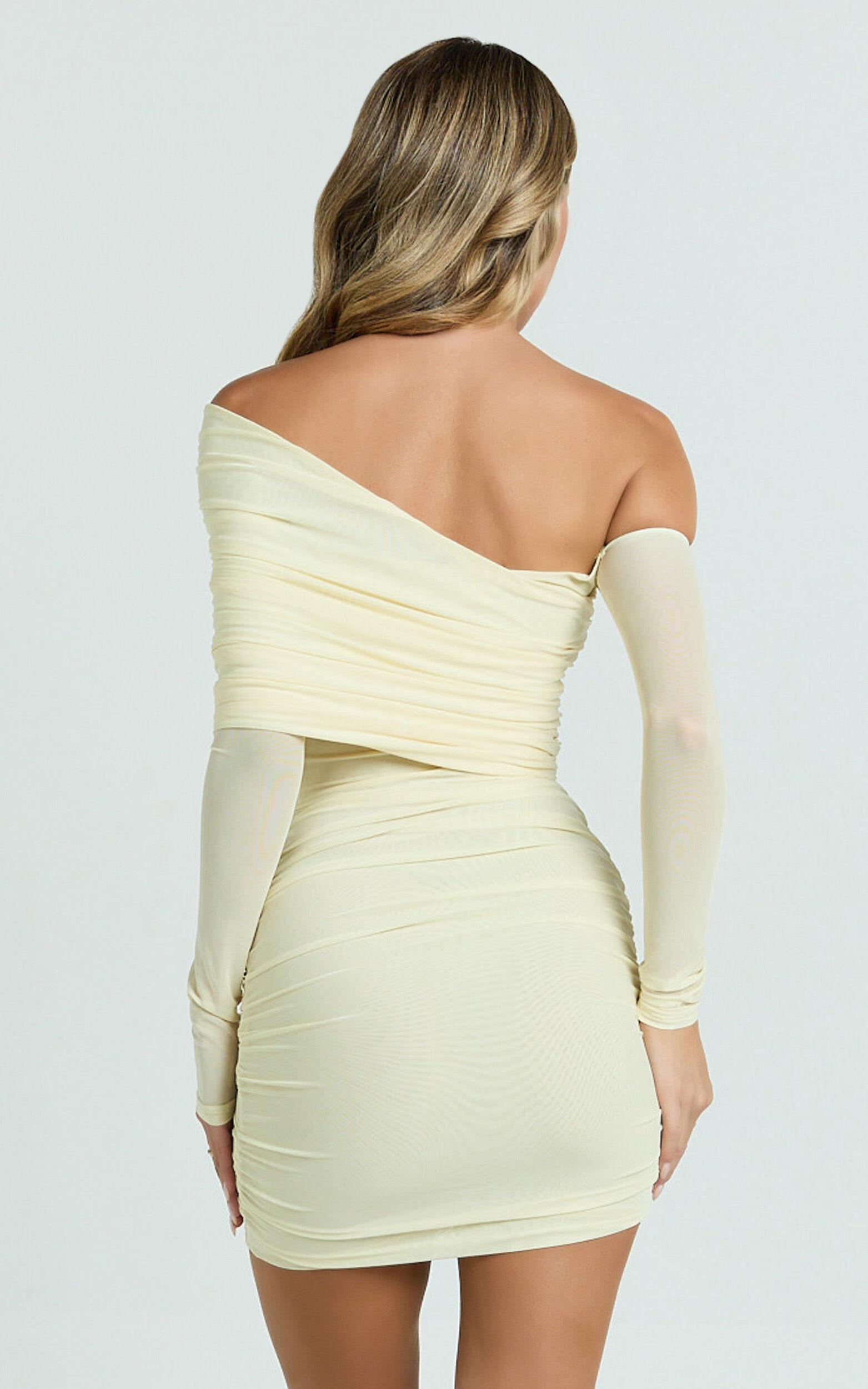 Imelda Mini Dress - Tipped Off Shoulder Long Sleeve Ruched Fitted Skirt Dress in Lemon Product Image