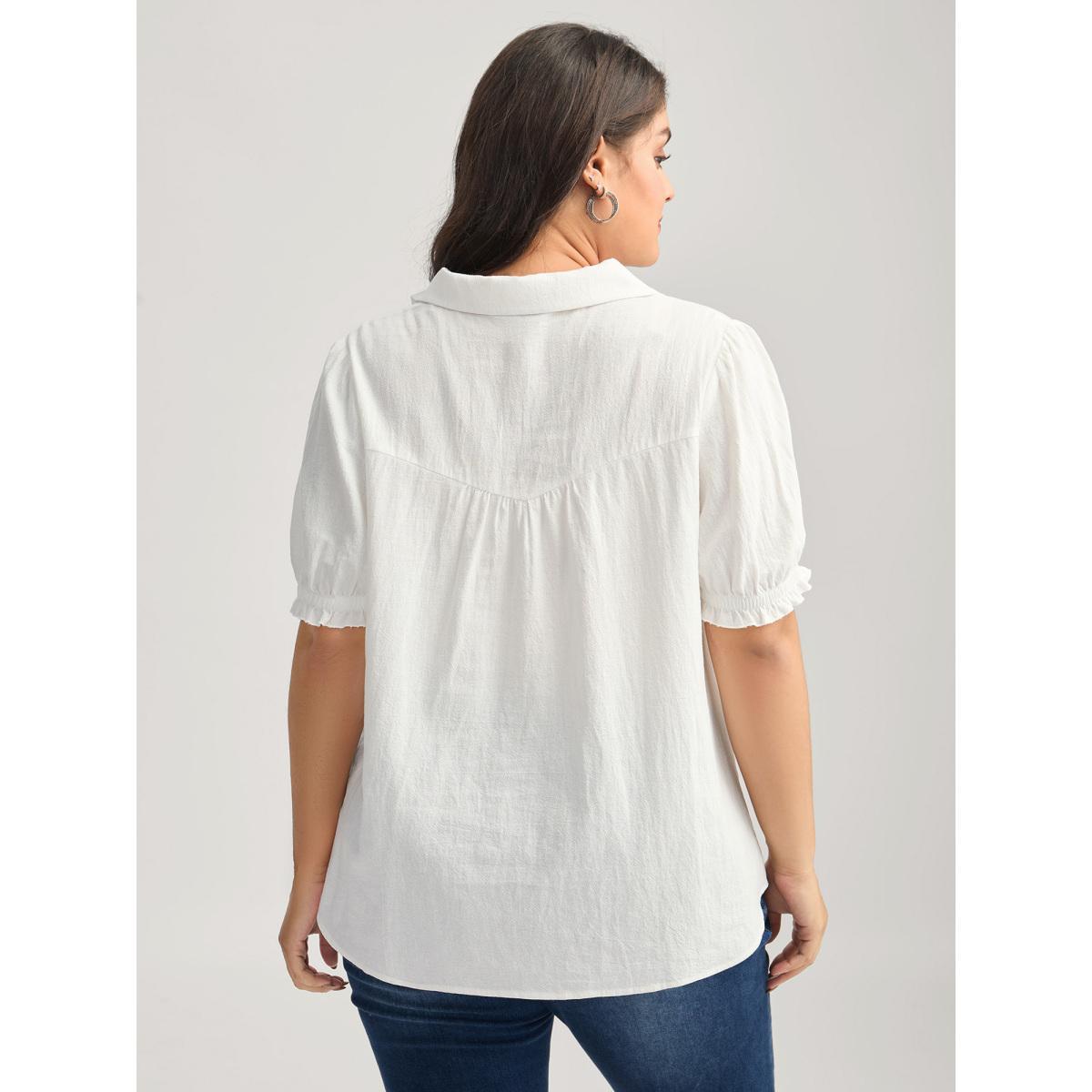 Plus Size Originalwhite Pure Cotton Ruffled Puffy Sleeve Blouse Women Short sleeve Shirt collar Work Blouses BloomChic 12/L Product Image
