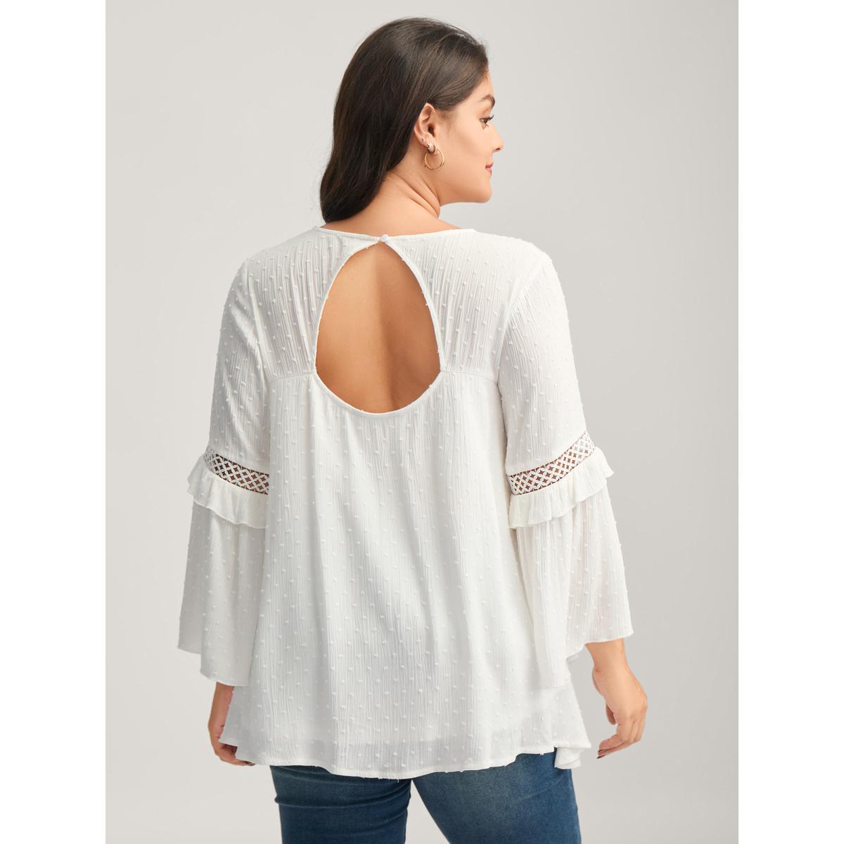 Plus Size WhiteSmoke Lace Trim Textured Flowy Solid Blouse Women Long Sleeve Round Neck Everyday-Elegant Blouses BloomChic 10/M Product Image