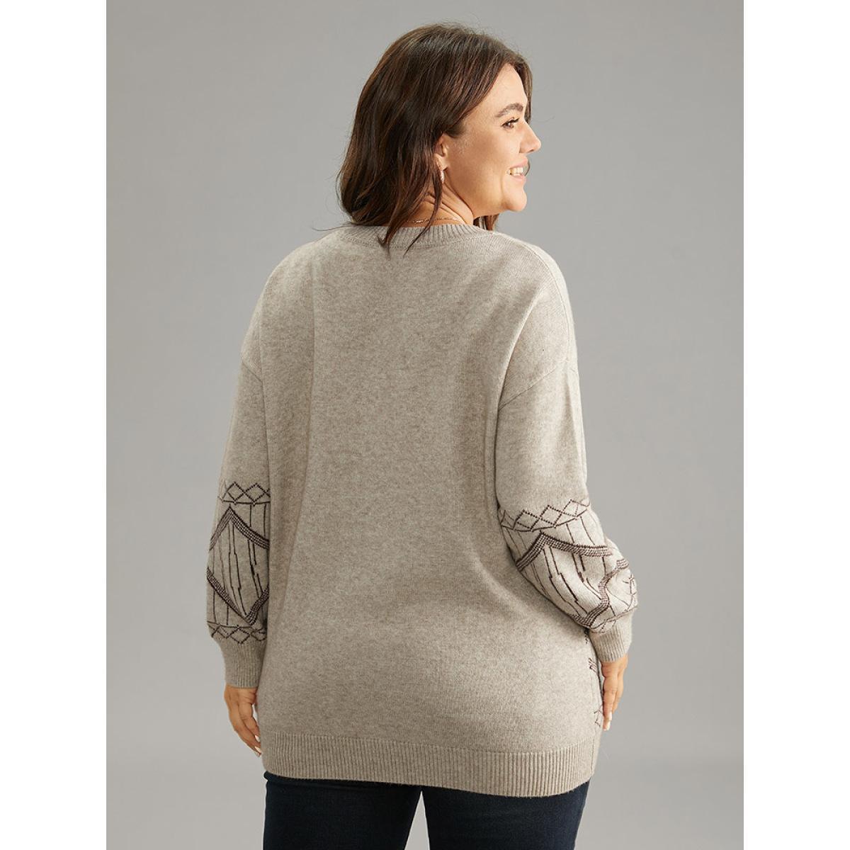 Plus Size Supersoft Essentials Geometric Graphic V Neck Pullover LightBrown Women Casual Loose Long Sleeve V-neck Dailywear Pullovers BloomChic 18-20/2X Product Image