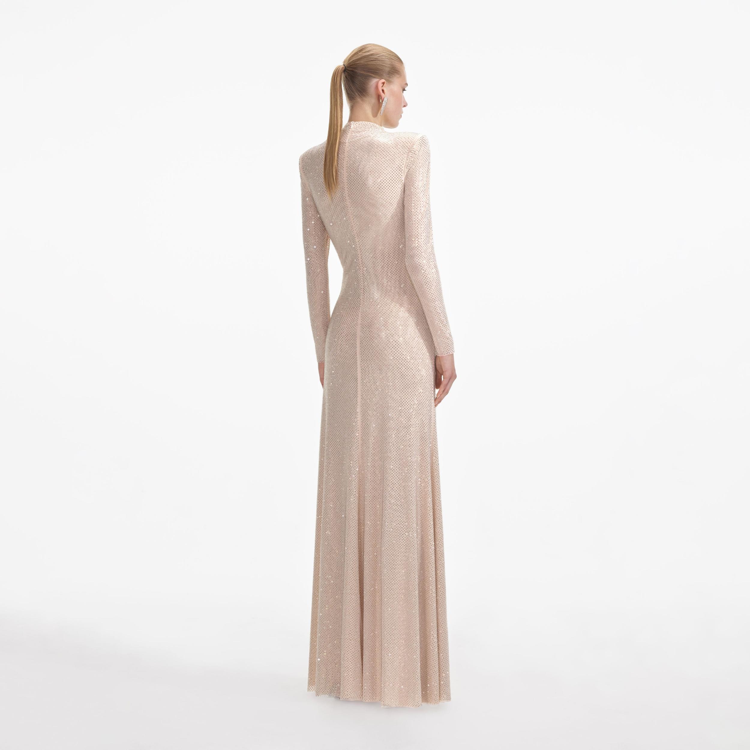 Gold Rhinestone Mesh Cut Out Maxi Dress Product Image
