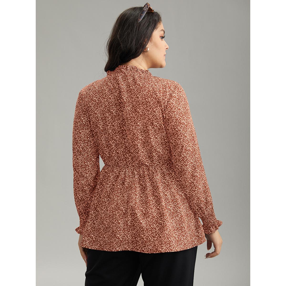 Plus Size Rust Ditsy Floral Stand Collar Shirred Frill Trim Blouse Women Elegant Long Sleeve Stand-up collar Dailywear Blouses BloomChic 30/6X Product Image