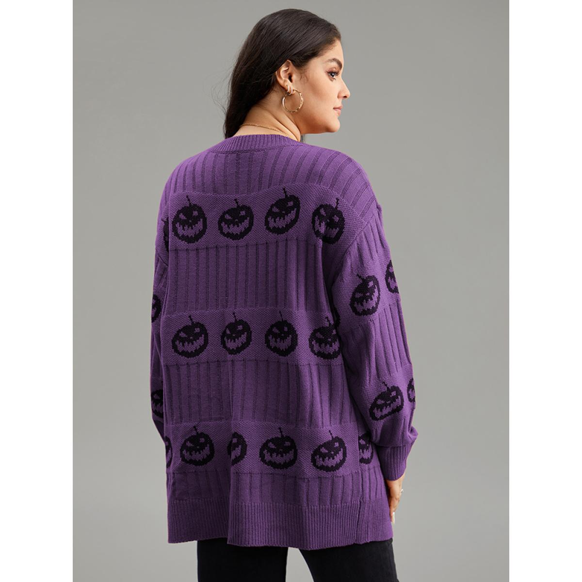 Plus Size Halloween Pumpkin Graphic Open Front Cardigan Purple Women Casual Loose Long Sleeve Festival-Halloween Cardigans BloomChic 22-24/3X Product Image