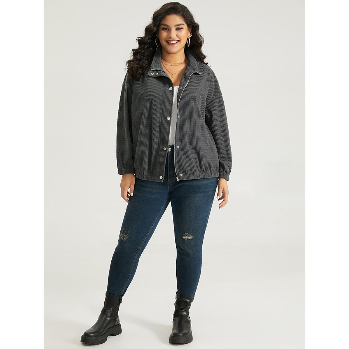 Plus Size Solid Texture Button Through Pocket Shacket Women Gray Elastic cuffs Pocket Everyday Jackets BloomChic 12/L Product Image