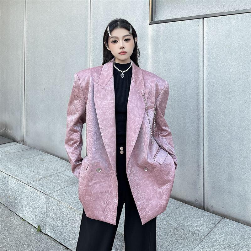 Peak Lapel Crocodile Grain Chained Double-Breasted Blazer Product Image