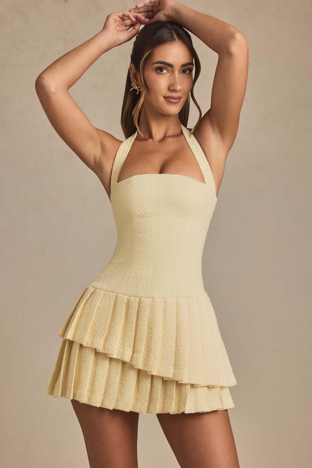 Asymmetric Layered Halterneck Mini Dress in Pastel Yellow Product Image