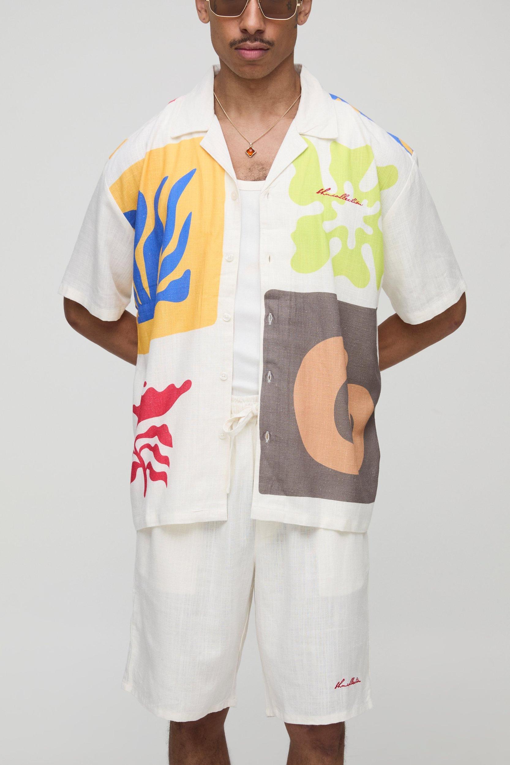 Oversized Abstract Linen Blend Shirt & Relaxed Short Set | boohooMAN USA Product Image
