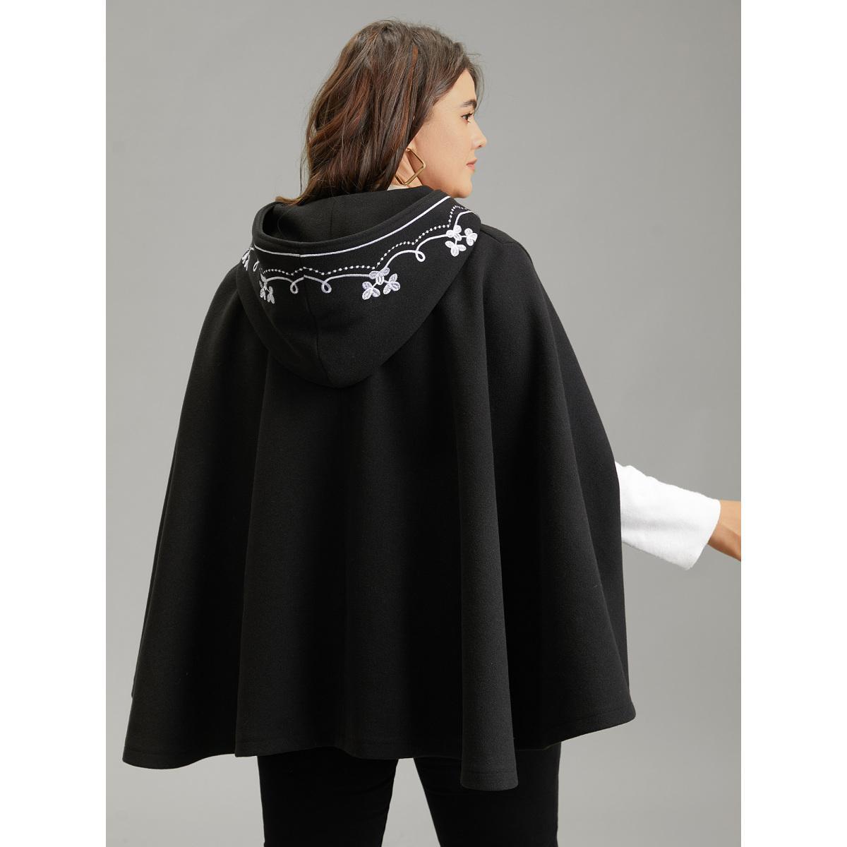 Plus Size Floral Embroidered Hooded Cape Kimono Women Black Casual Lined Loose Dailywear Kimonos BloomChic 10/M Product Image