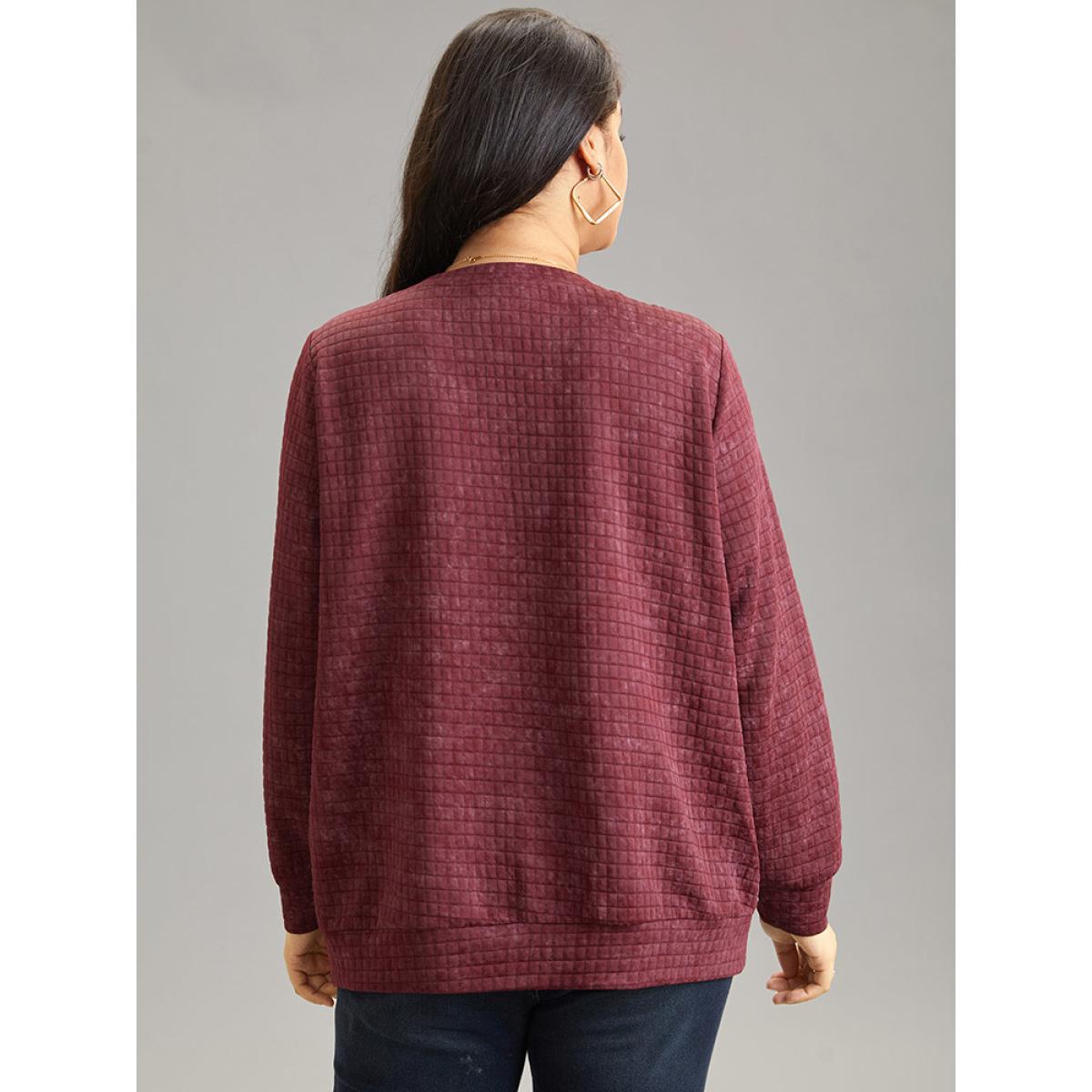 Plus Size Plain Textured Notched Button Detail Sweatshirt Women Burgundy Casual Texture Notched collar Dailywear Sweatshirts BloomChic 28/5X Product Image