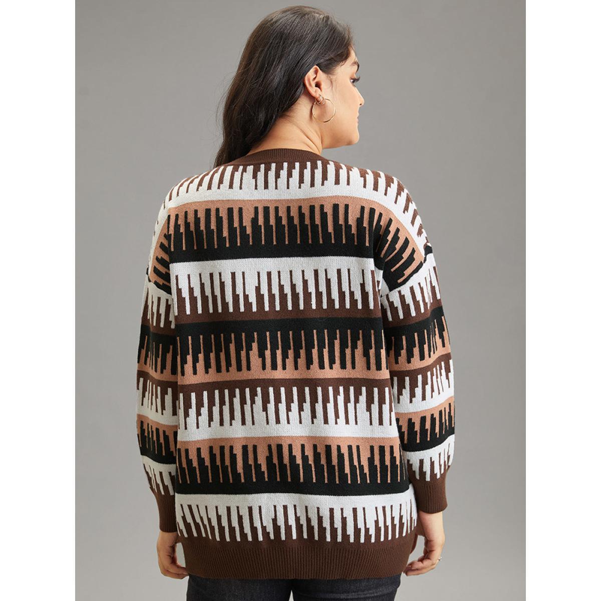 Plus Size Supersoft Essentials Colorblock Geo Elastic Cuffs Pullover DarkBrown Women Casual Loose Long Sleeve Round Neck Dailywear Pullovers BloomChic 12/L Product Image