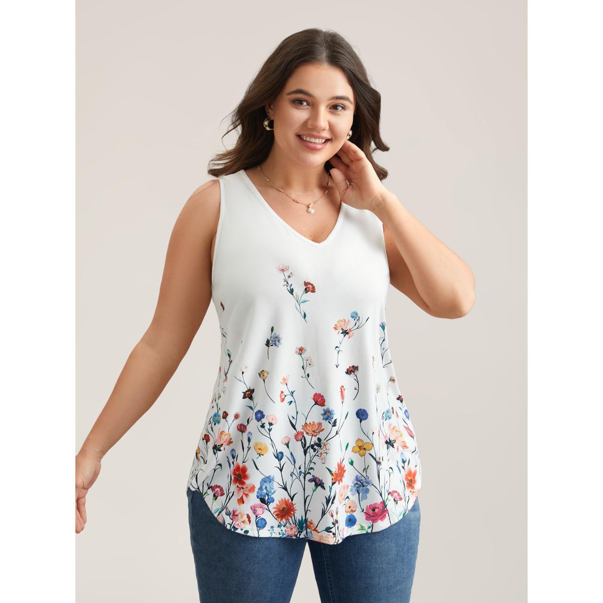 Plus Size Blooming Flowers Print Stretchy Vest Women WhiteSmoke Elegant Non V-neck Everyday Tank Tops Camis BloomChic 22-24/3X Product Image