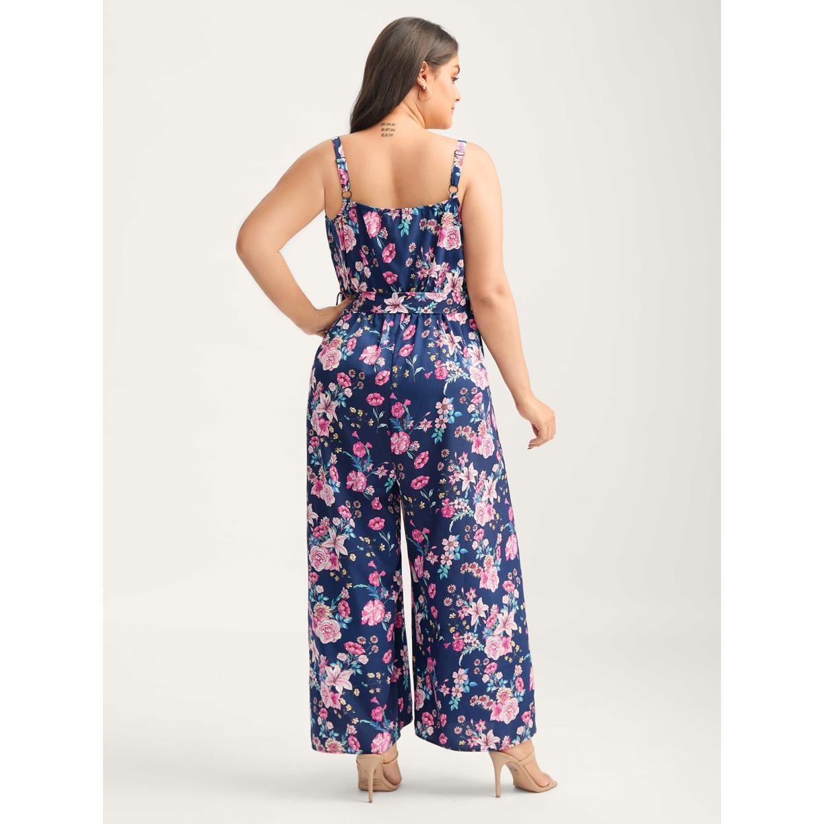 Plus Size Indigo Rosy Print Belted Pockets Jumpsuit Women Sleeveless Non Everyday-Elegant Loose Jumpsuits BloomChic 14-16/1X Product Image