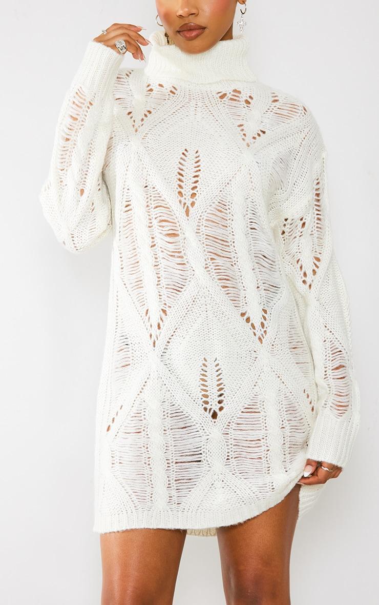 Cream Extreme Distressed Knitted Sweater Dress Product Image