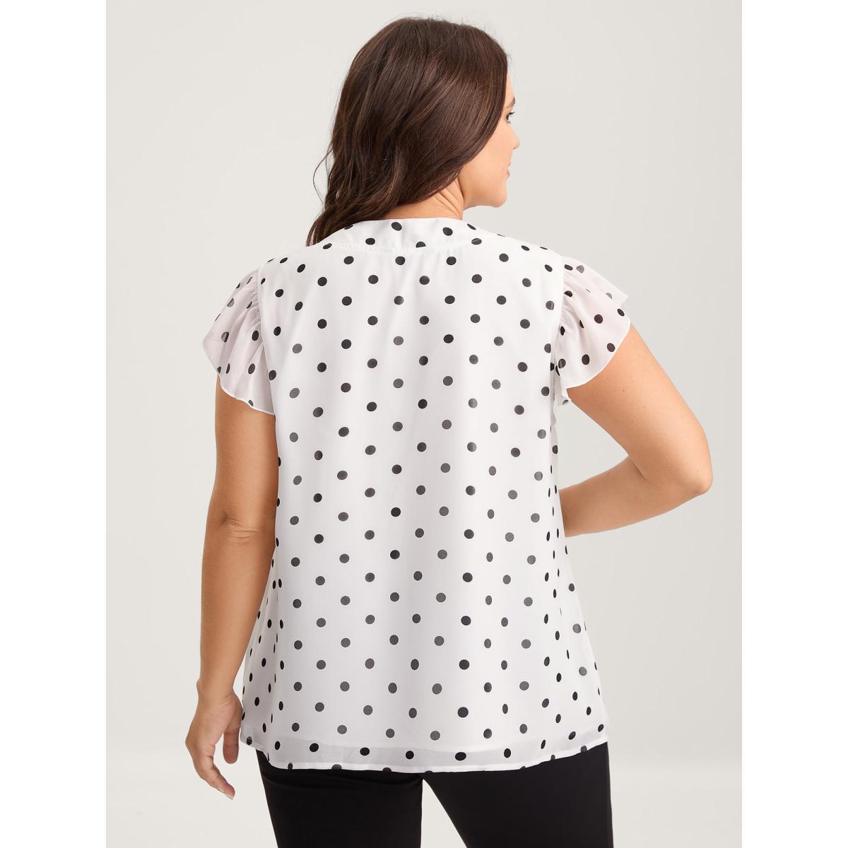 Plus Size Black Polka Dot Ribbon Collar Blouse Women Cap Sleeve Ribbon-tied collar Work Blouses BloomChic 26/4X Product Image
