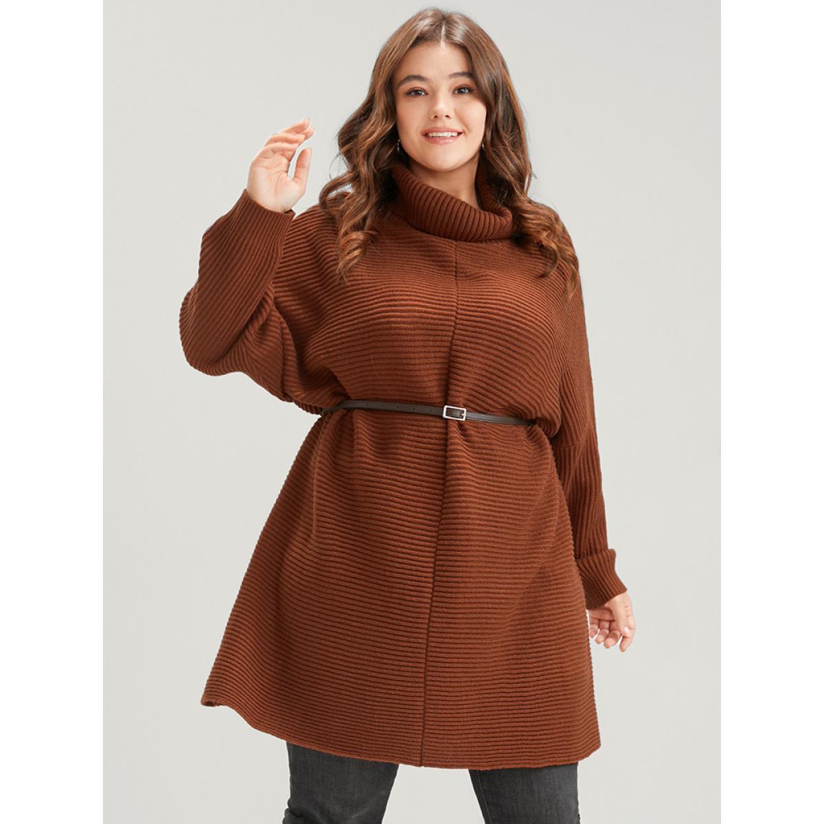 Plus Size Solid Pointelle Knit Dolman Sleeve Funnel Neck Knit Top Brown Women Elegant Oversized Long Sleeve Turtleneck Dailywear Pullovers BloomChic 30/6X Product Image