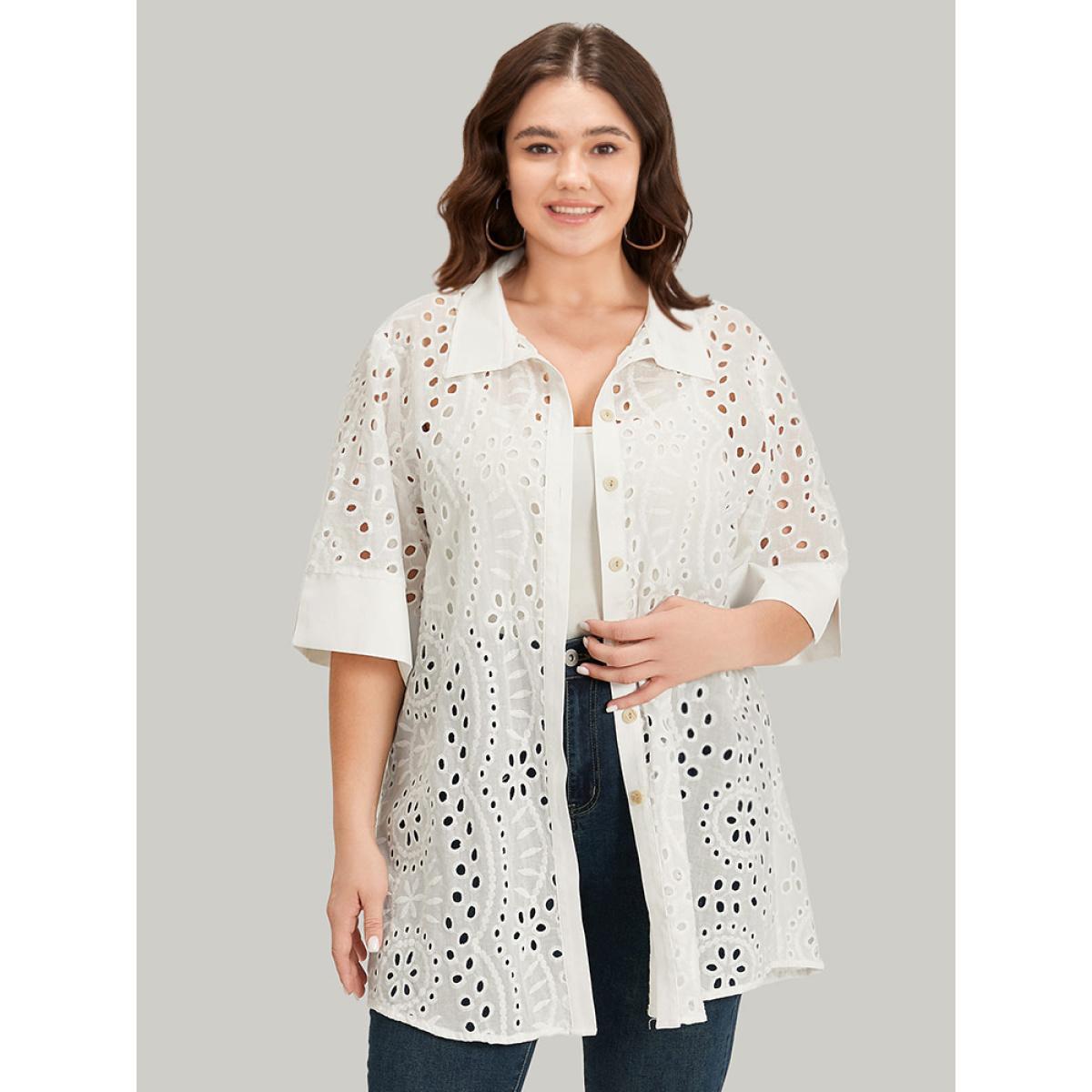 Plus Size Plain Shirt Collar Broderie Anglaise Open Front Kimono Women White Casual Patchwork Dailywear Kimonos BloomChic 12/L Product Image