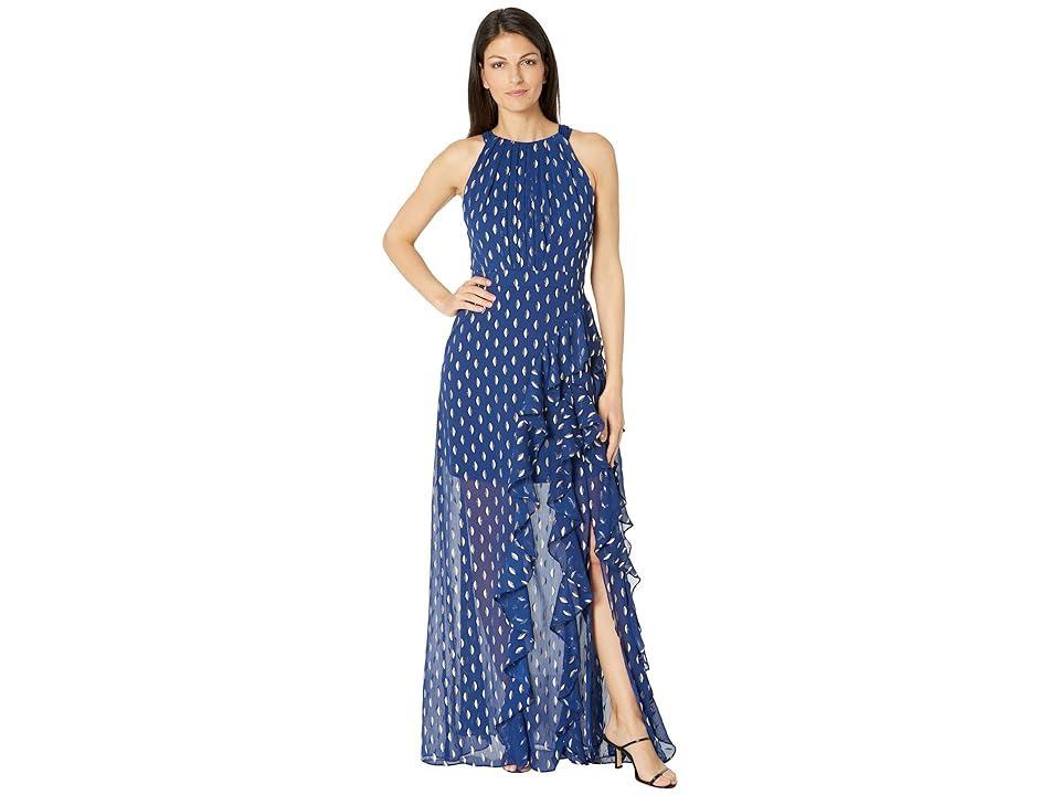 Betsy  Adam Metallic Front Ruffle Slit Halter Neck Sleeveless Gown Product Image