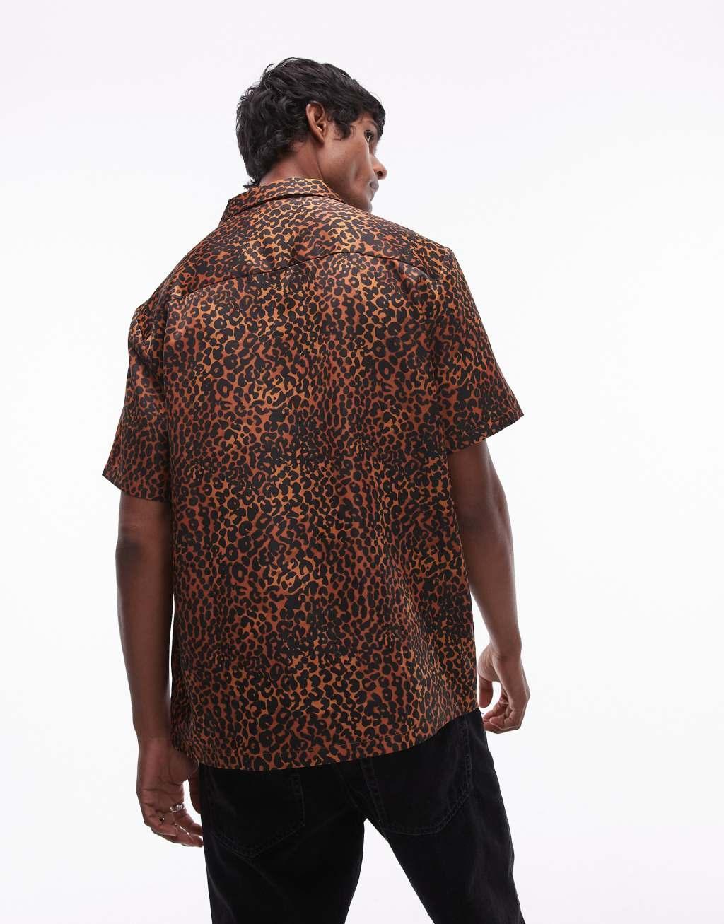 Topman short sleeve leopard print shirt in brown Product Image