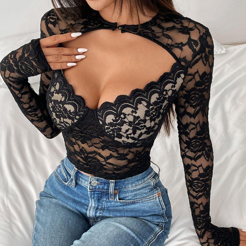 Long-Sleeve Floral Lace Cropped Bustier Top Product Image