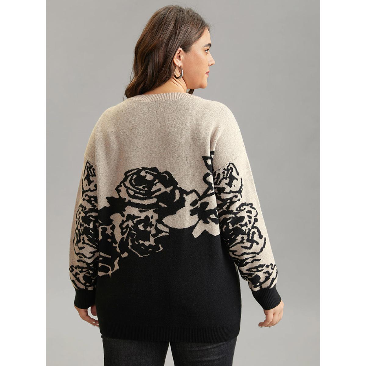 Plus Size Supersoft Essentials Rose Jacquard Contrast Pullover Black Women Casual Loose Long Sleeve Round Neck Dailywear Pullovers BloomChic 14-16/1X Product Image