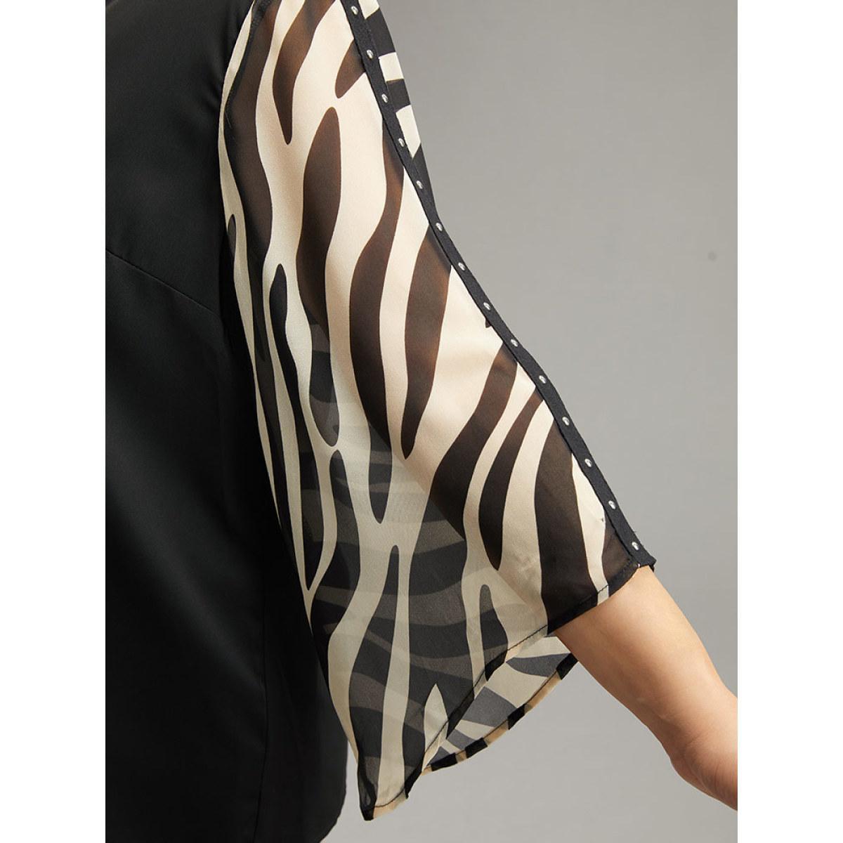 Plus Size Black Zebra Print Chiffon Patchwork Pearl Beaded Blouse Women Elegant Elbow-length sleeve V-neck Dailywear Blouses BloomChic 14-16/1X Product Image