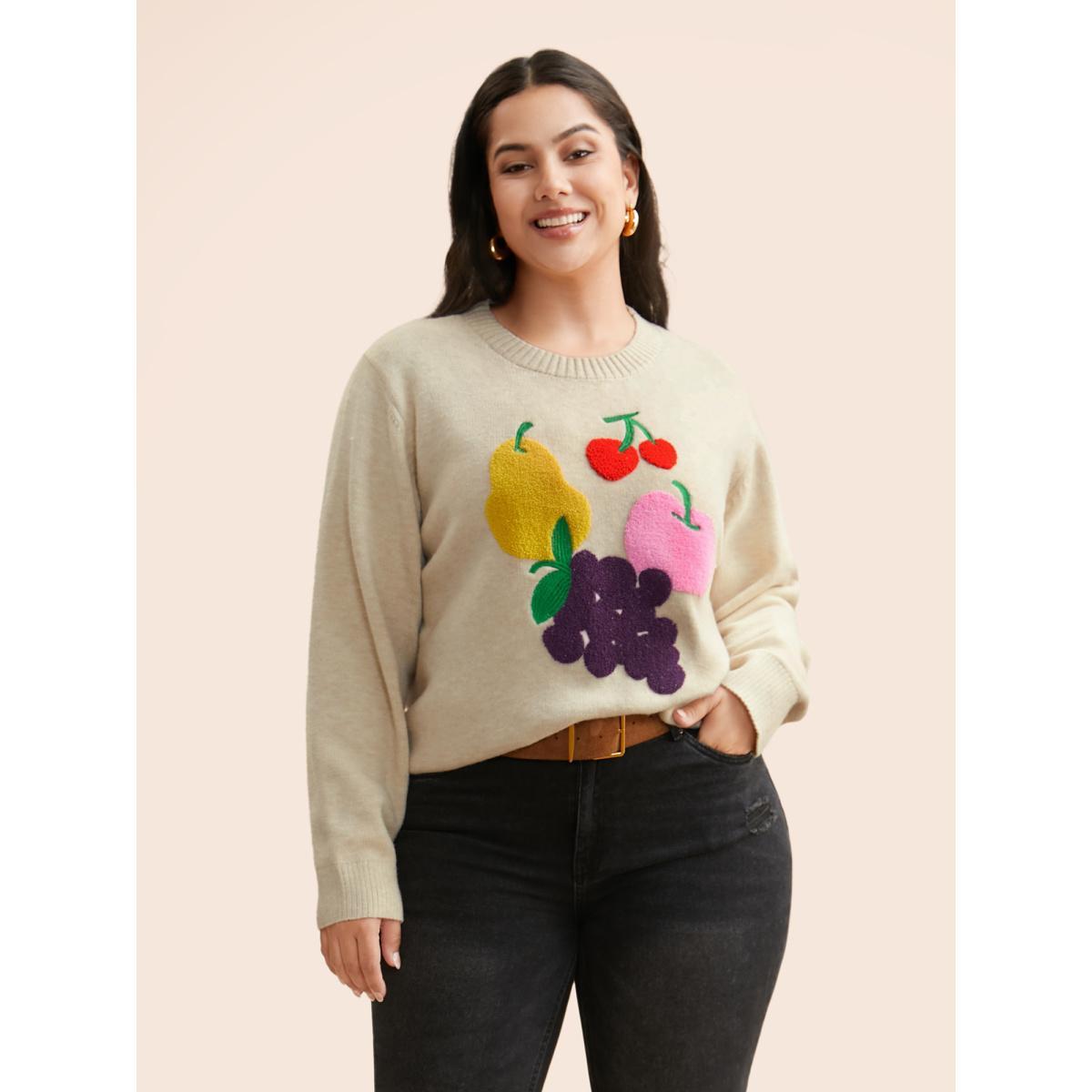 Plus Size Supersoft Essentials Crew Neck Fruit Embroidered Pullover Apricot Women Casual Long Sleeve Round Neck Everyday Pullovers BloomChic 10/M Product Image