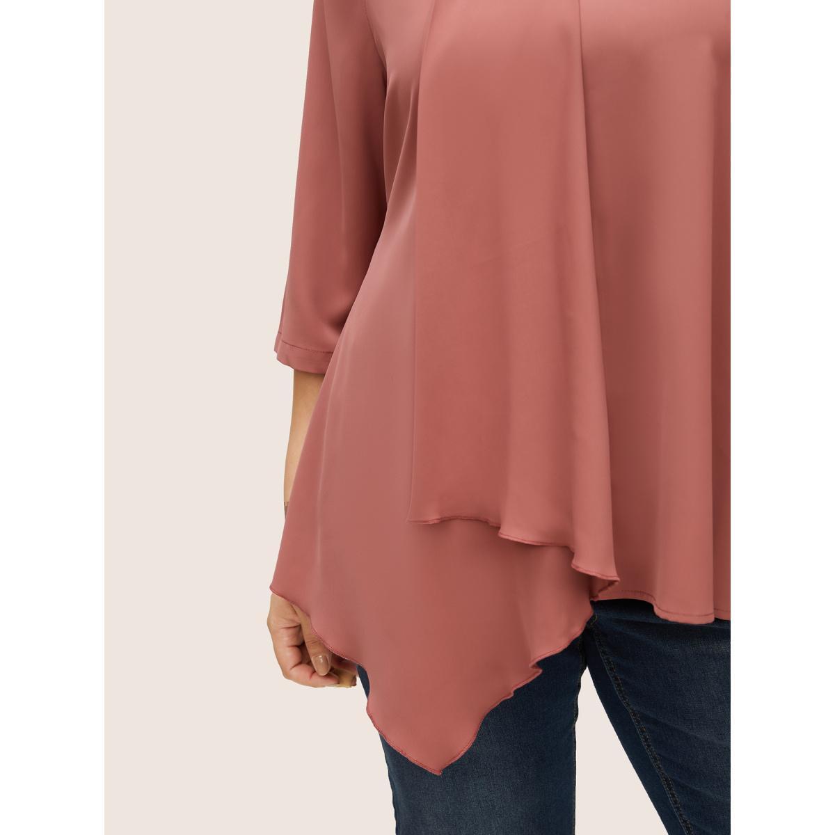 Plus Size DustyPink Static-Free Plain Asymmetrical Hem Patchwork Blouse Women Work From Home Elbow-length sleeve V-neck Work Blouses BloomChic 18-20/2X Product Image