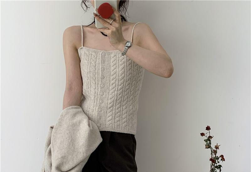 Set: Plain Cable Knit Button-Up Crop Camisole Top + Open Front Cardigan Product Image