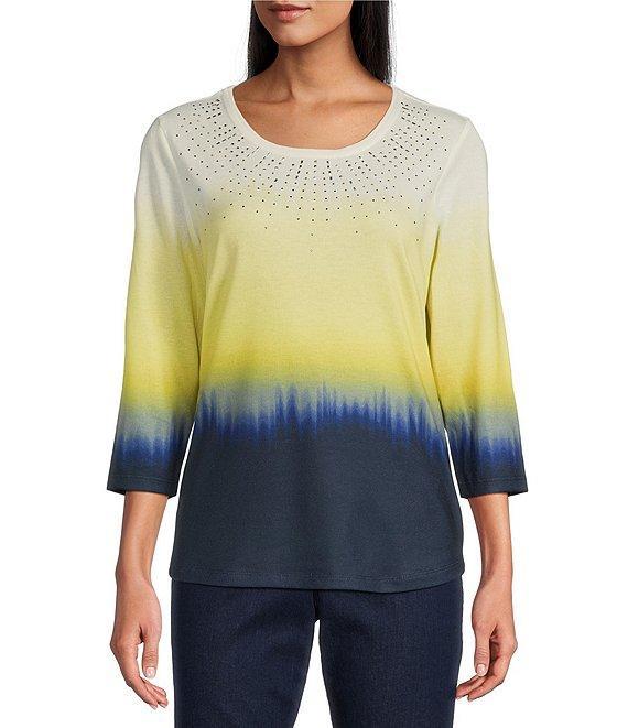 Allison Daley Embellished Ombre Print 3/4 Sleeve Crew Neck Knit Top Product Image