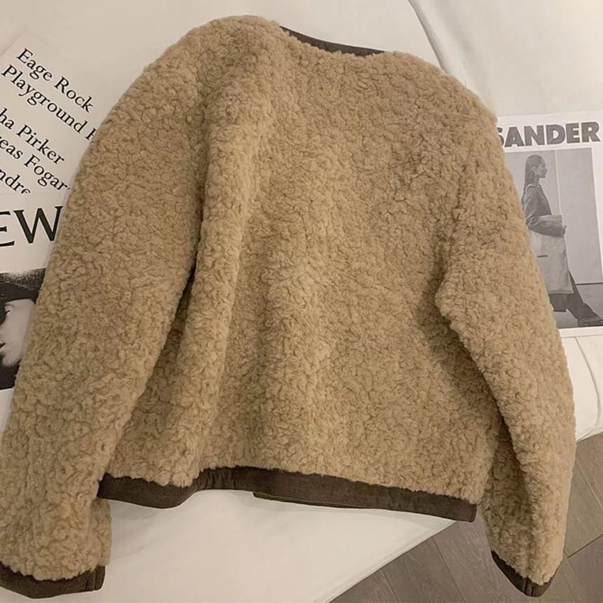 Round Neck Contrast Trim Fleece Button Jacket Product Image