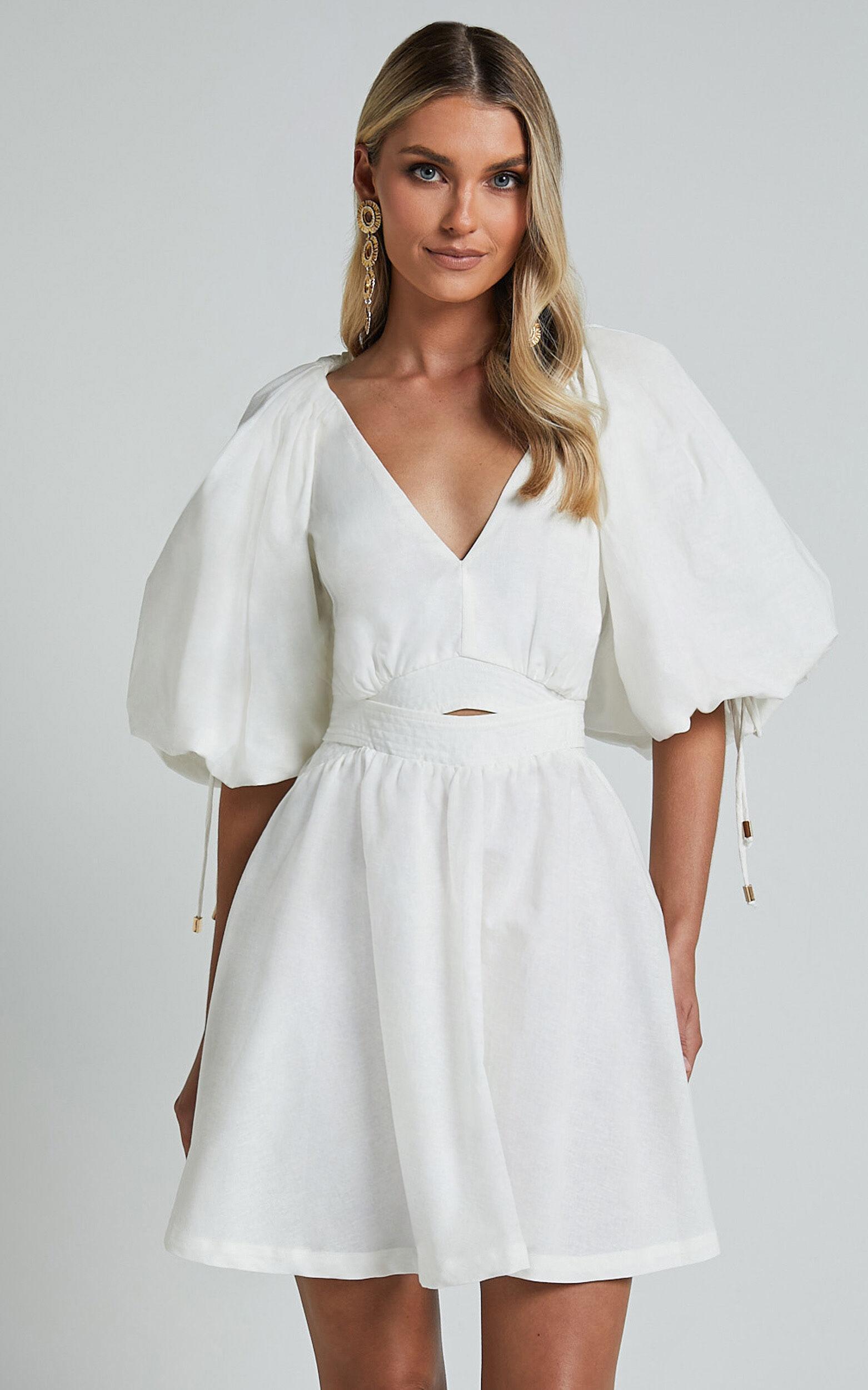 Amalie The Label - Movida Linen Blend Balloon Sleeve Crossover Band Mini Dress in White Product Image